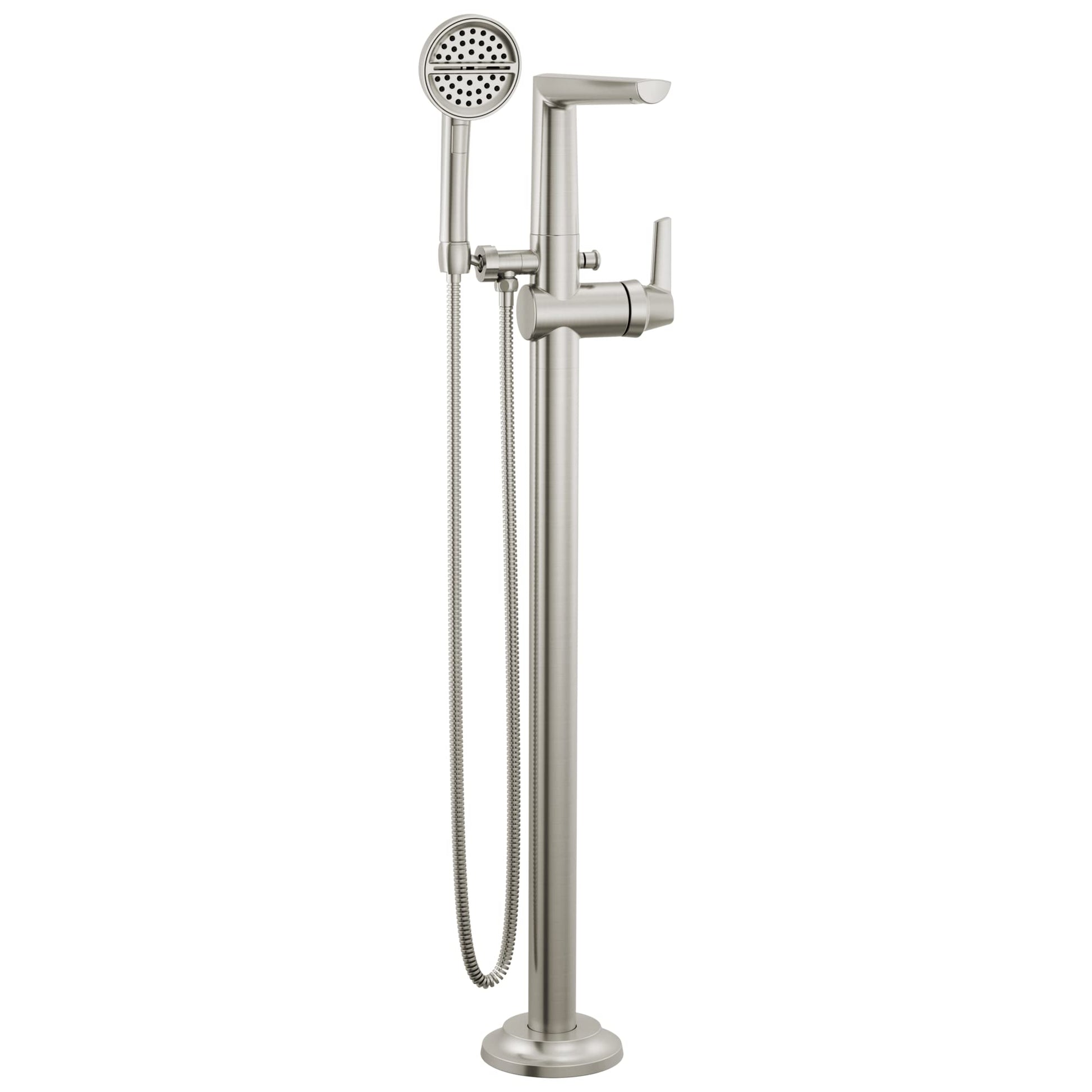 Brushed nickel free-standing tub filler with tall spout, handheld showerhead, and lever handle.