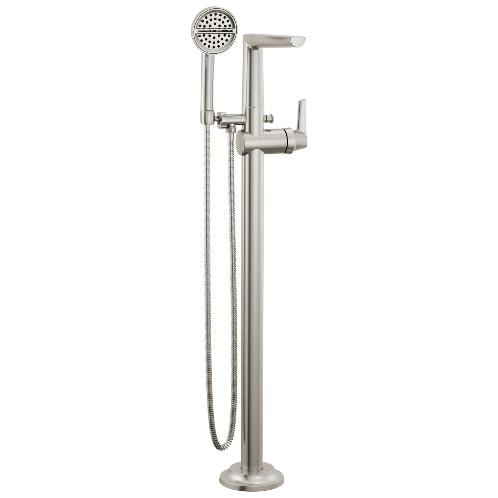 Brushed nickel free-standing tub filler with tall spout, handheld showerhead, and lever handle.