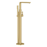 Brushed gold freestanding tub faucet with single handle, angled spout, and attached hand shower on hose.