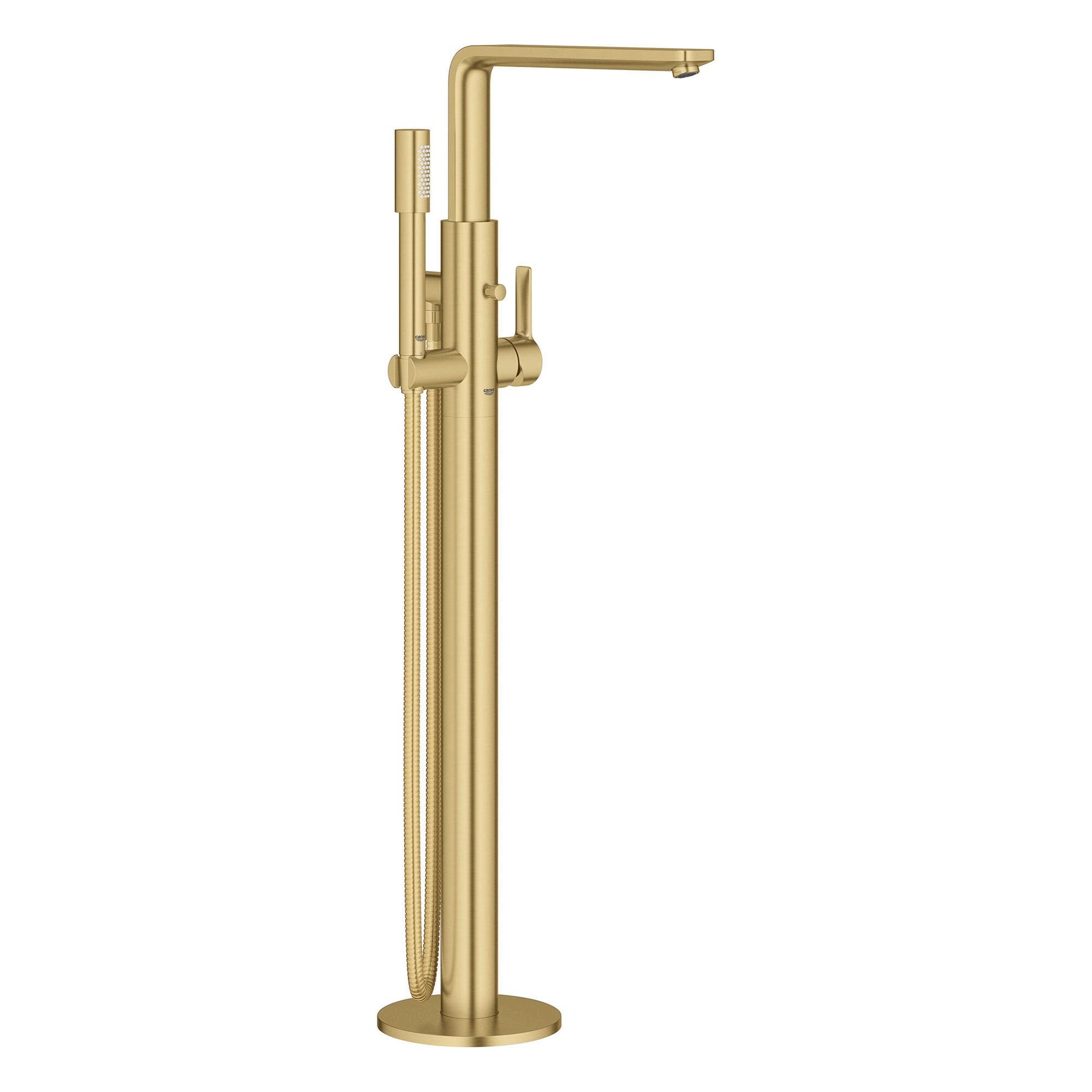 Brushed gold freestanding tub faucet with single handle, angled spout, and attached hand shower on hose.