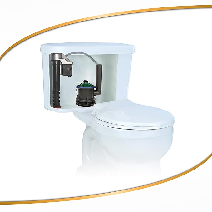 Toilet fill valve replacement kit installed in white tank showing black fill valve and green adjustment cap with supply line.