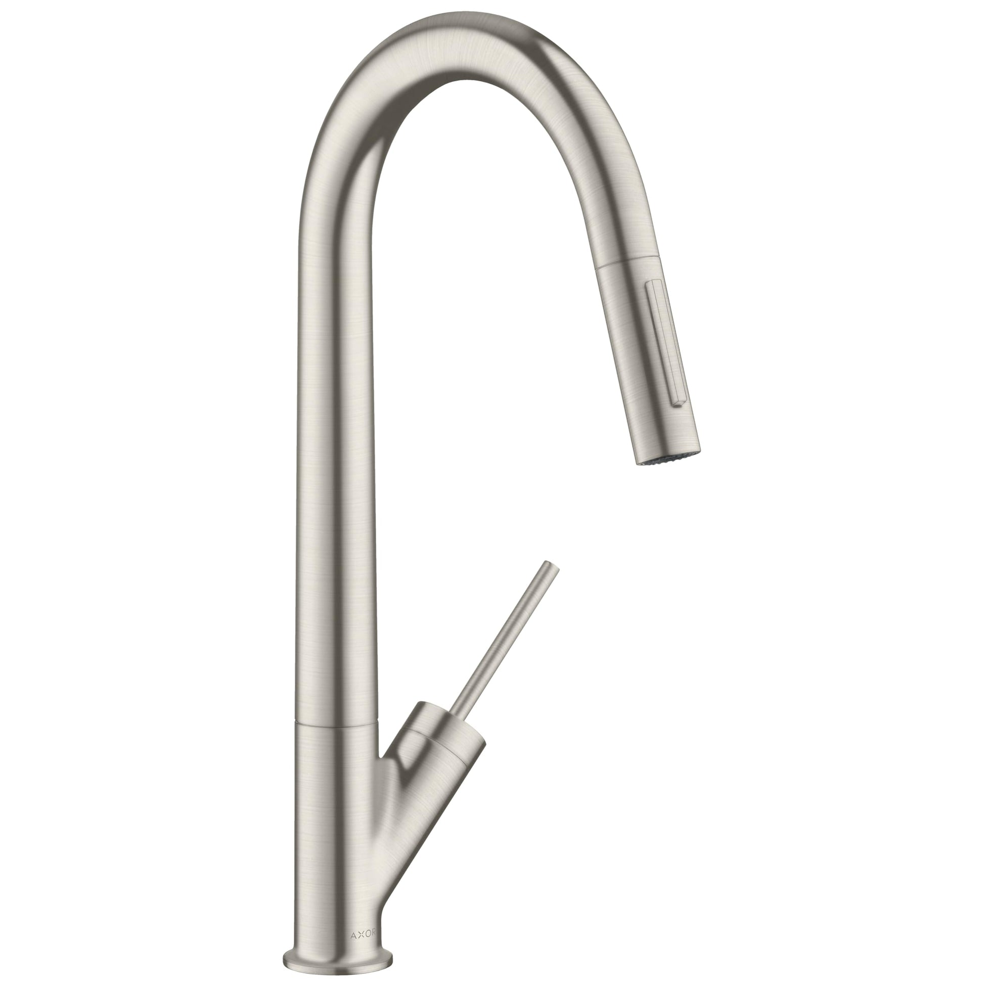 Steel optic high-arc kitchen faucet with pull-down spray head and single lever handle.