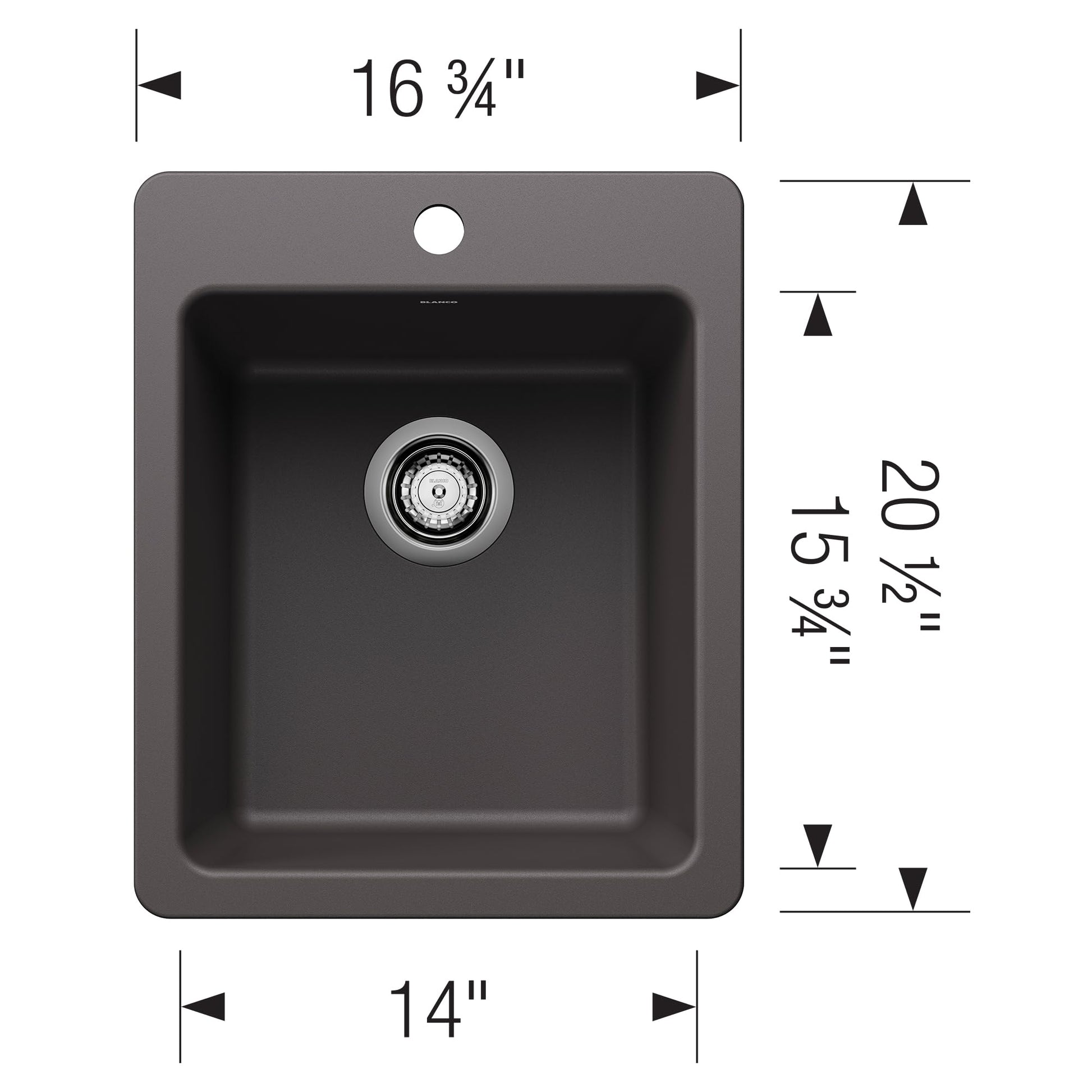 Cinder gray single-bowl bar sink with rounded corners, drain, and faucet hole, measuring 16¾" wide by 20½" deep.