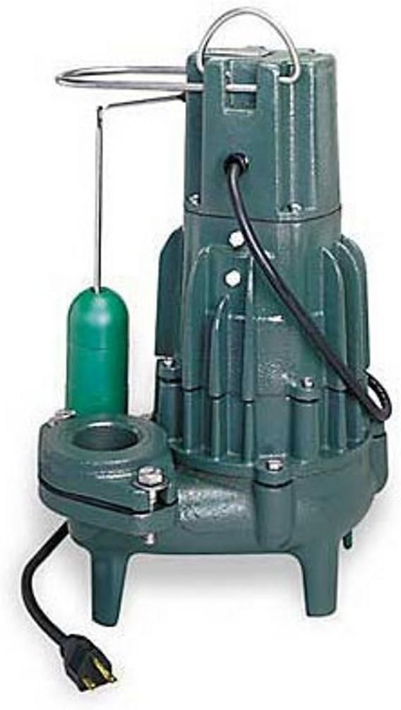 Green cast iron sewage pump with attached float switch, discharge pipe, and power cord on white background.