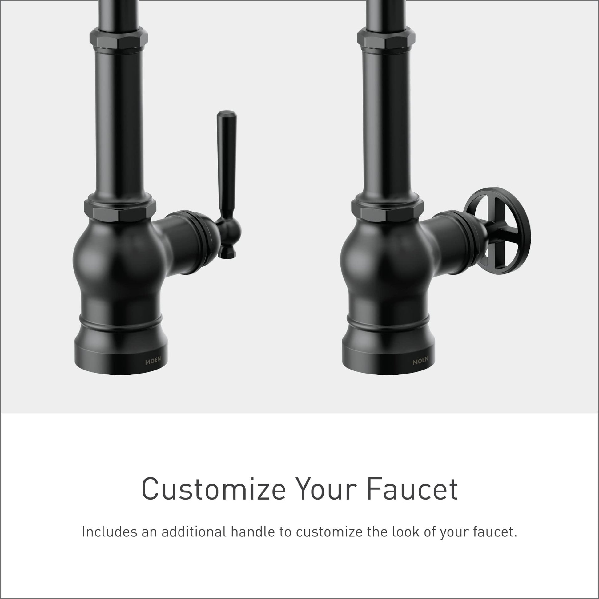 Matte black pulldown bar faucet shown with two interchangeable handle options: lever and wheel.