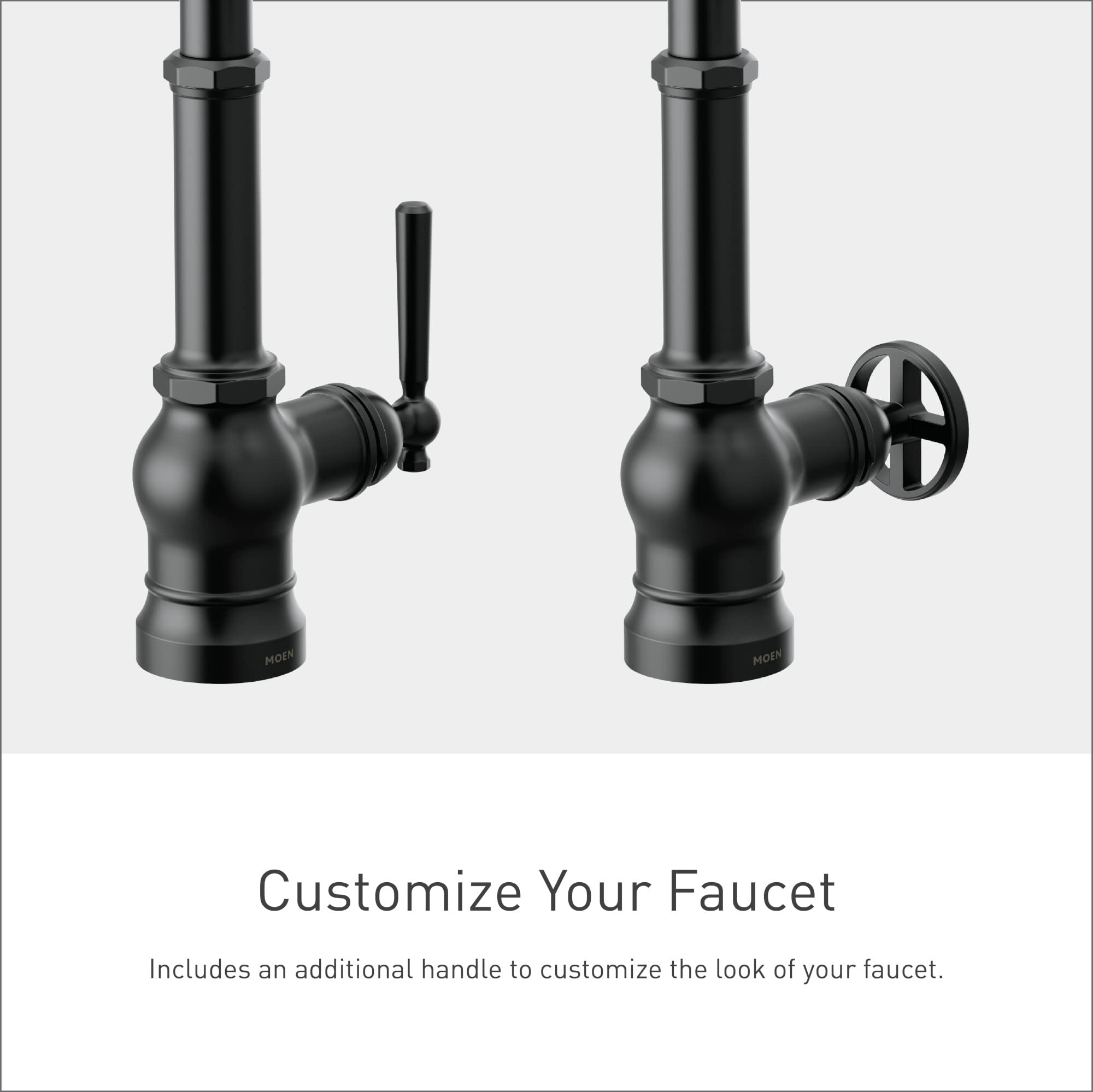 Matte black pulldown bar faucet shown with two interchangeable handle options: lever and wheel.