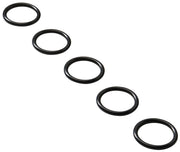 Five black rubber O-rings arranged diagonally on white background.
