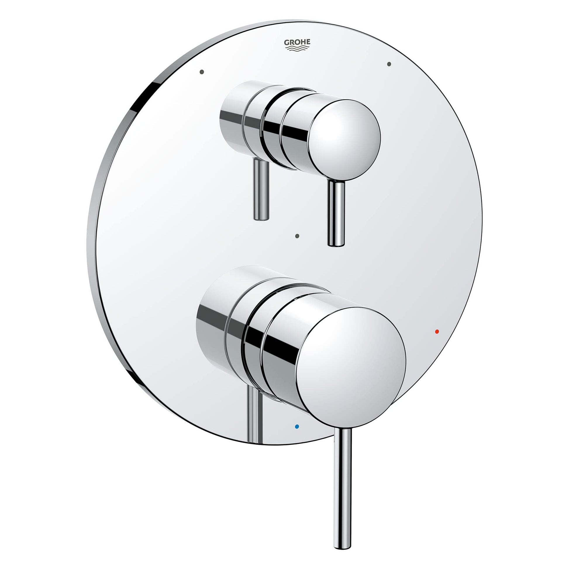 Chrome pressure balance valve trim with two round handles and diverter control on circular escutcheon plate.