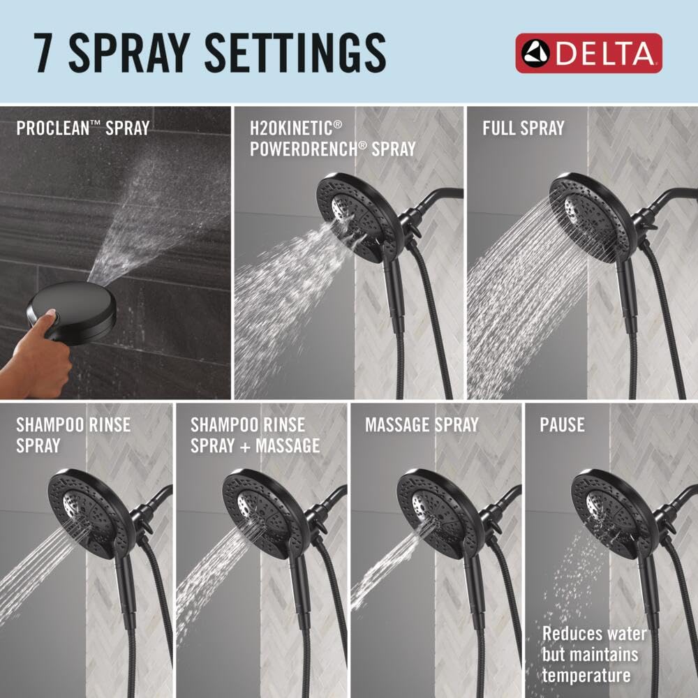 Matte black Delta showerhead displaying seven spray settings including ProClean, H2Okinetic PowerDrench, full spray, shampoo 