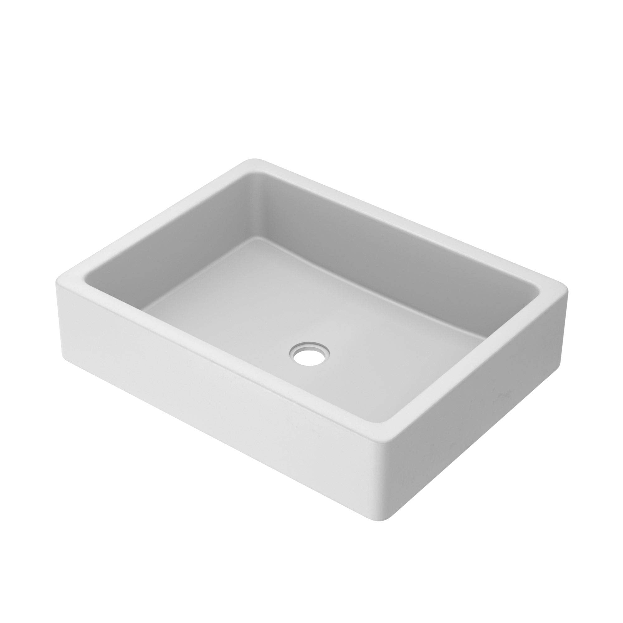 Pearl white rectangular bathroom sink with rounded edges and center drain hole.