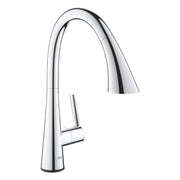 Chrome kitchen faucet with curved spout, single handle, and pull-down spray head.