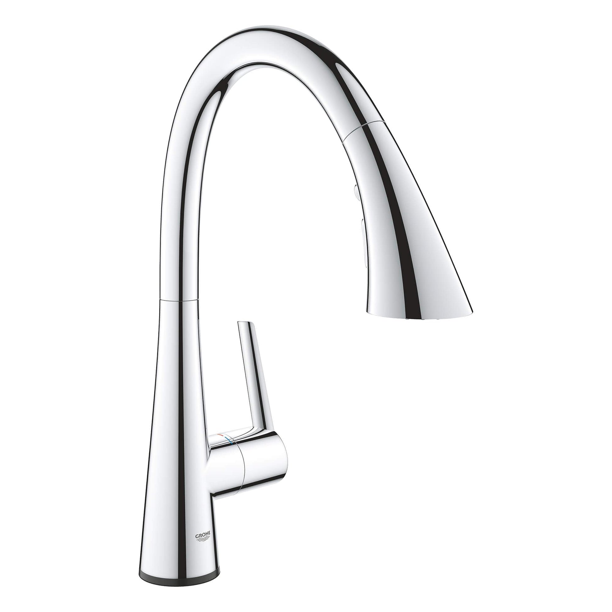 Chrome kitchen faucet with curved spout, single handle, and pull-down spray head.