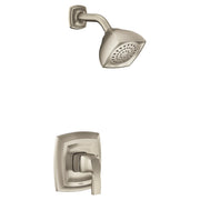 Brushed nickel shower trim with single handle lever and square showerhead with perforations.