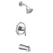 Chrome tub and shower trim kit with showerhead, curved arm, single handle valve, and tub spout.