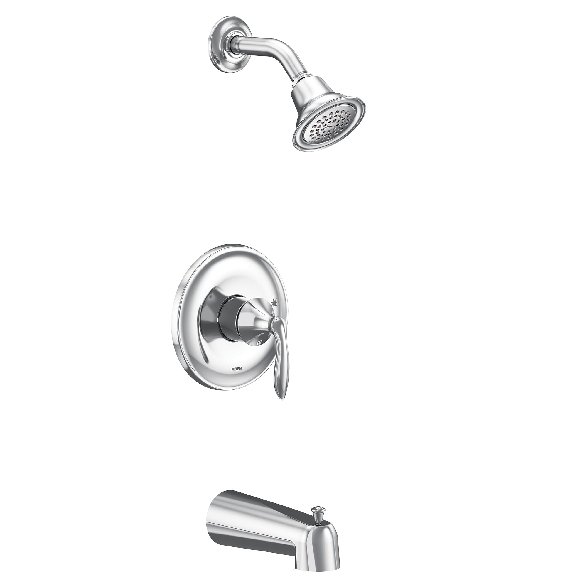 Chrome tub and shower trim kit with showerhead, curved arm, single handle valve, and tub spout.