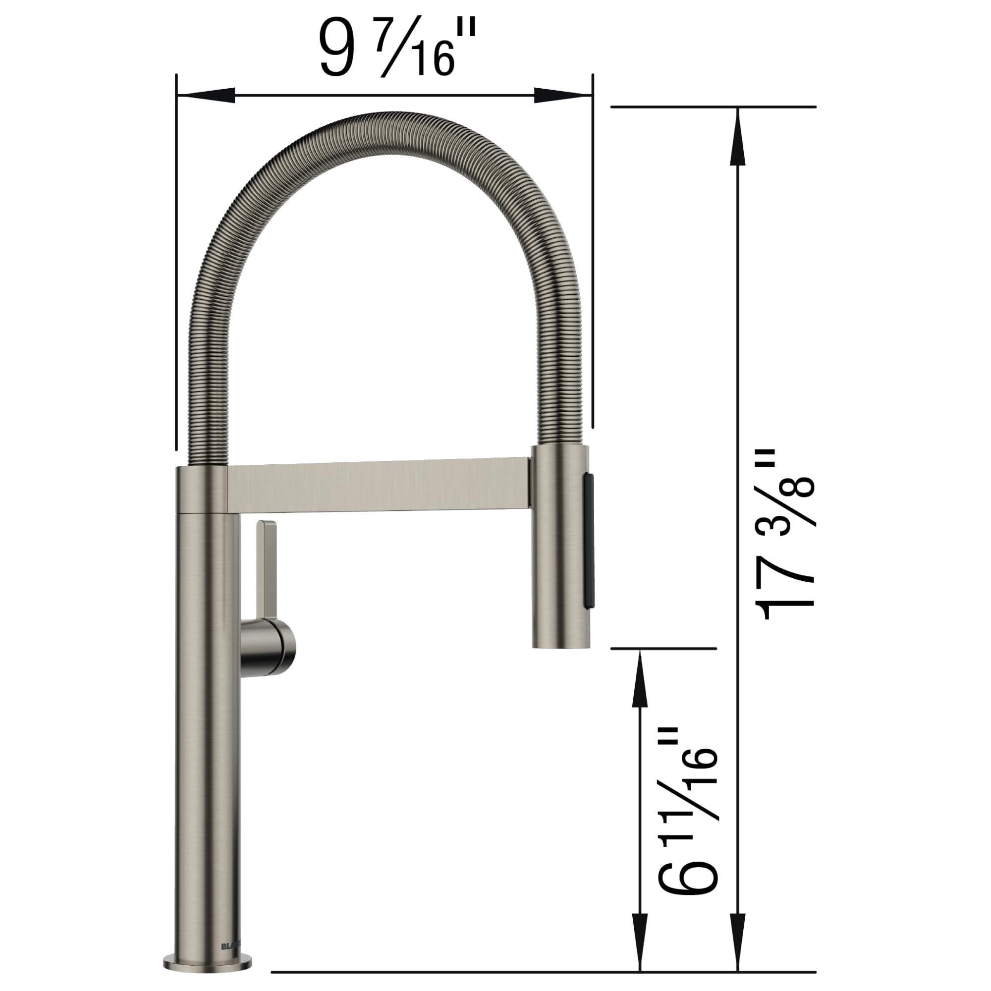 Satin platinum mini faucet with curved flexible hose and single handle lever, dimensions shown.