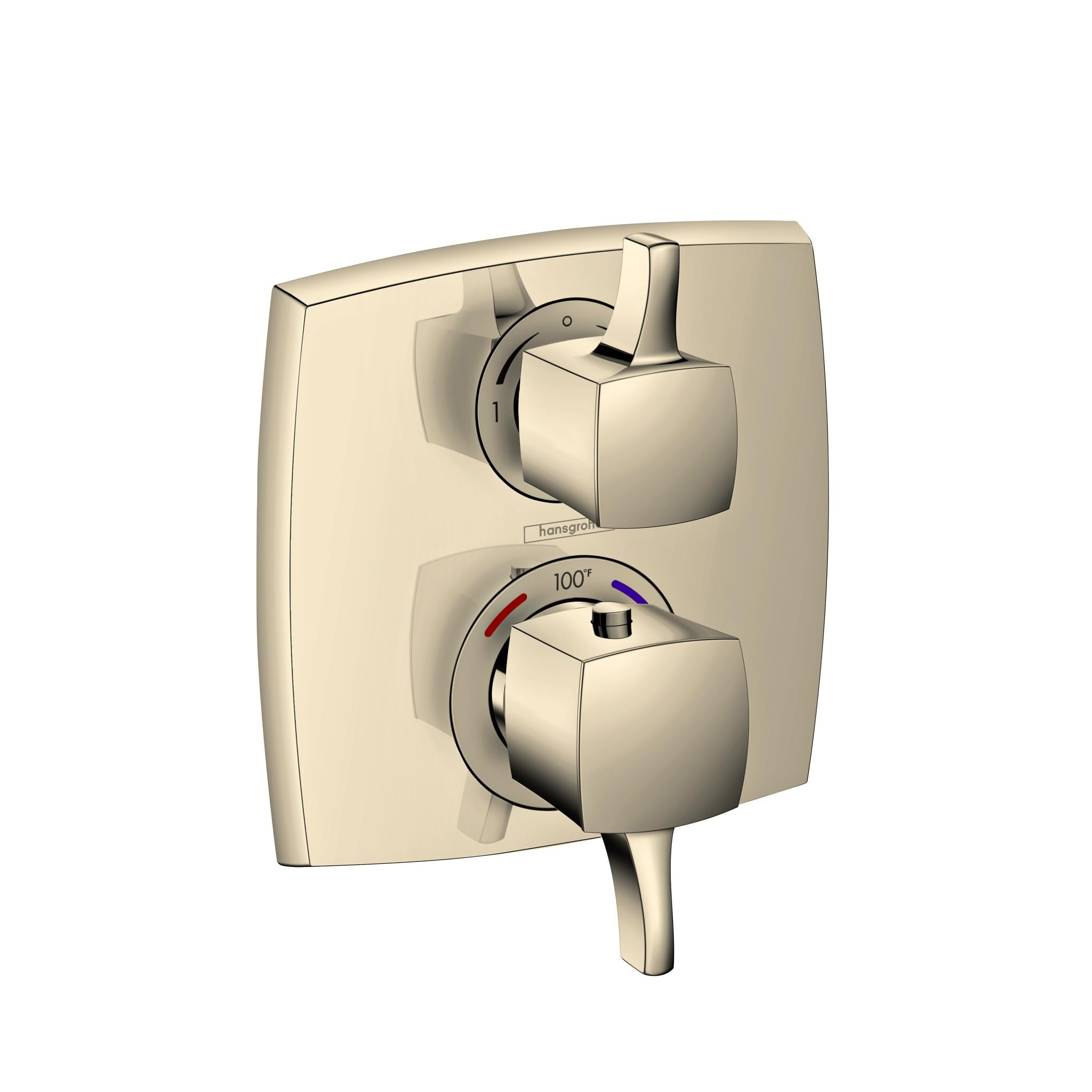 Polished nickel square thermostatic trim with upper diverter lever and lower volume control dial marked to 100 degrees.