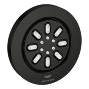 Round matte black body spray with multiple white spray nozzles arranged in a circular pattern.