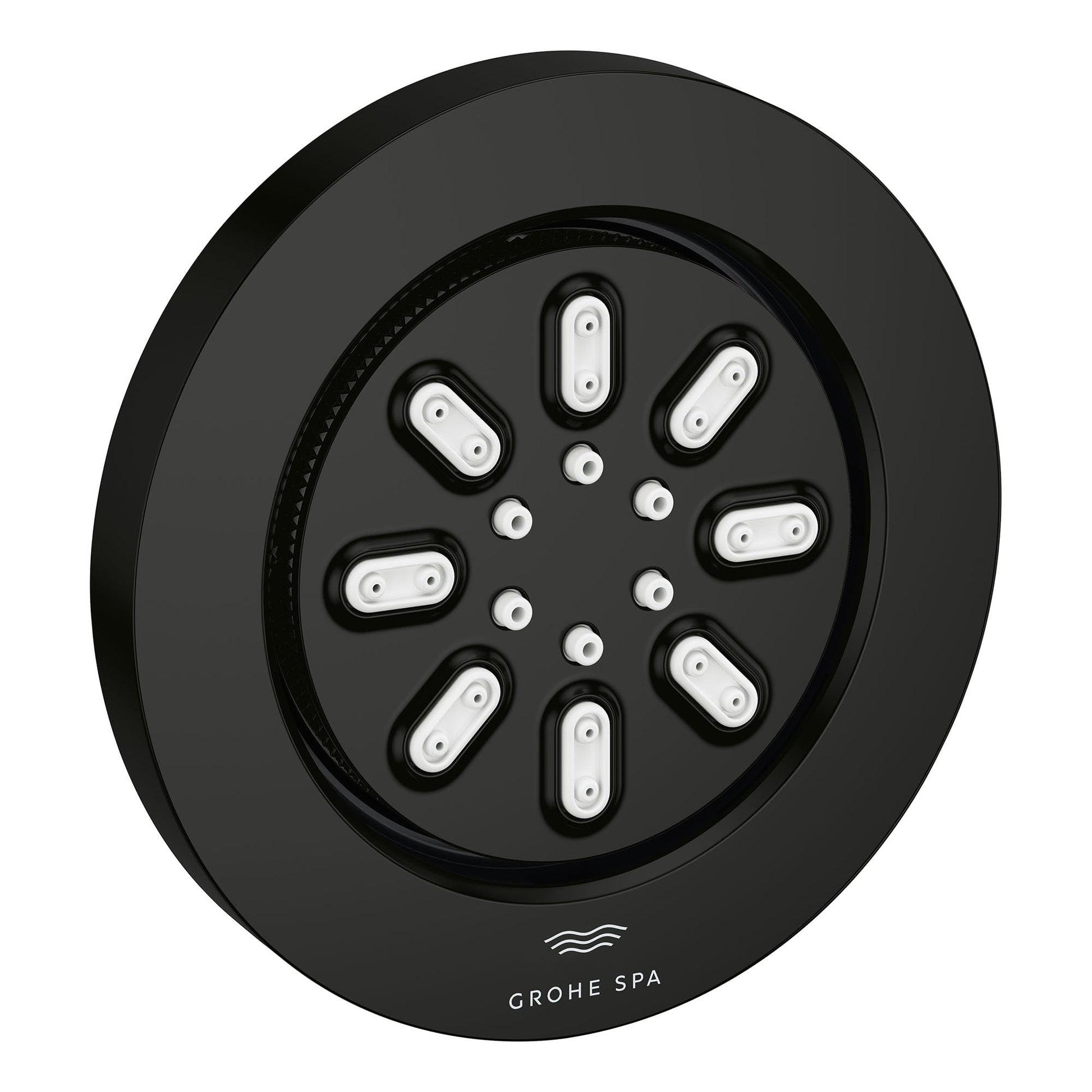 Round matte black body spray with multiple white spray nozzles arranged in a circular pattern.