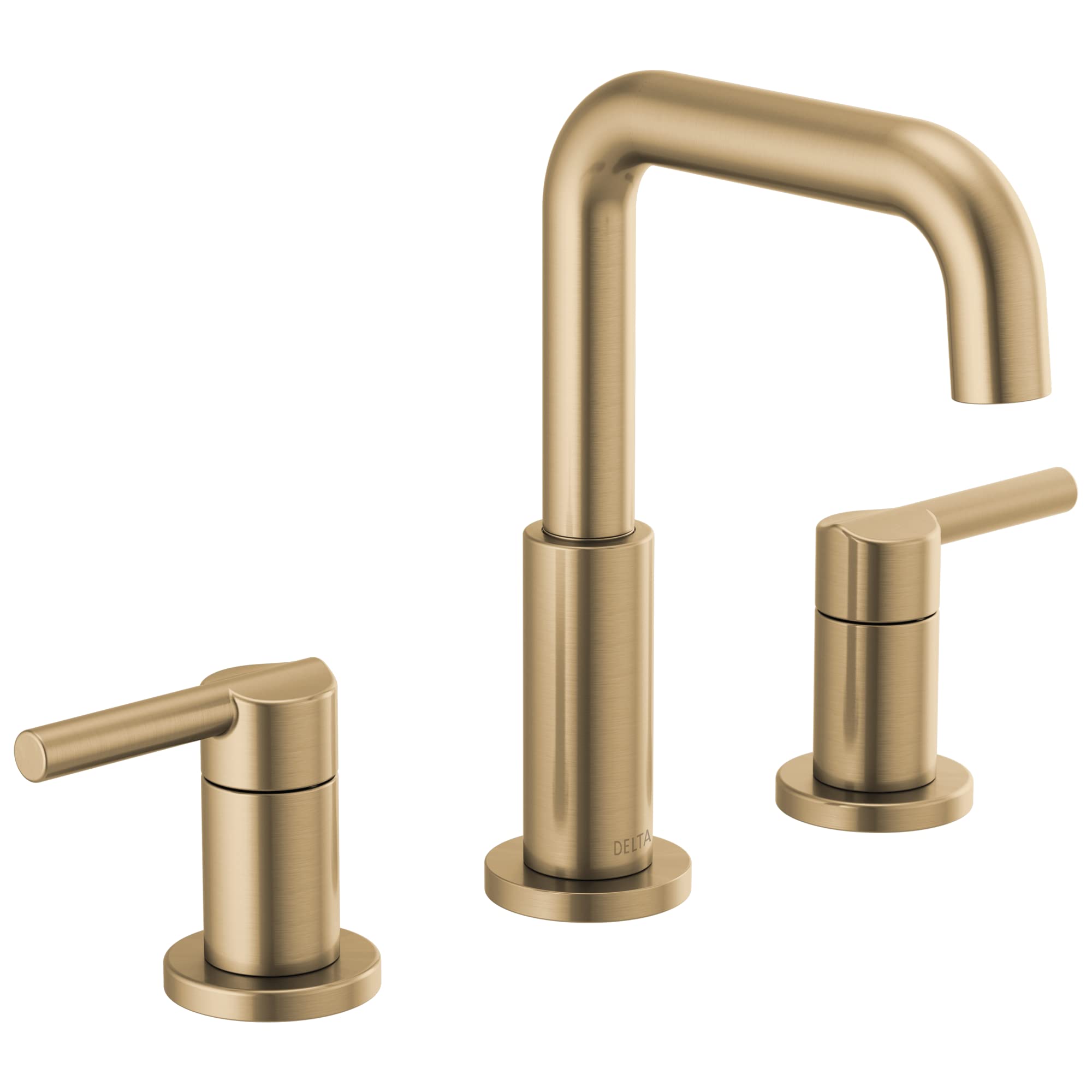 Champagne bronze widespread bathroom faucet with two lever handles and curved spout.