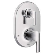 Chrome shower trim with two lever handles and integrated transfer valve on oval escutcheon plate.