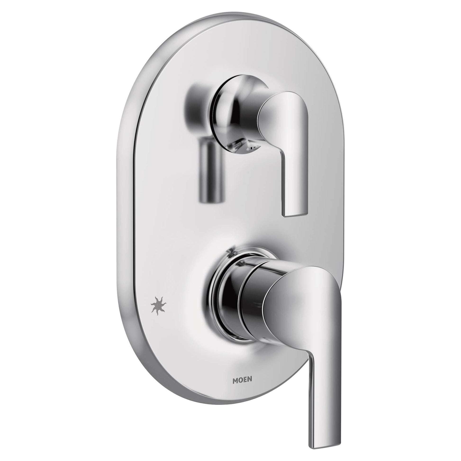 Chrome shower trim with two lever handles and integrated transfer valve on oval escutcheon plate.