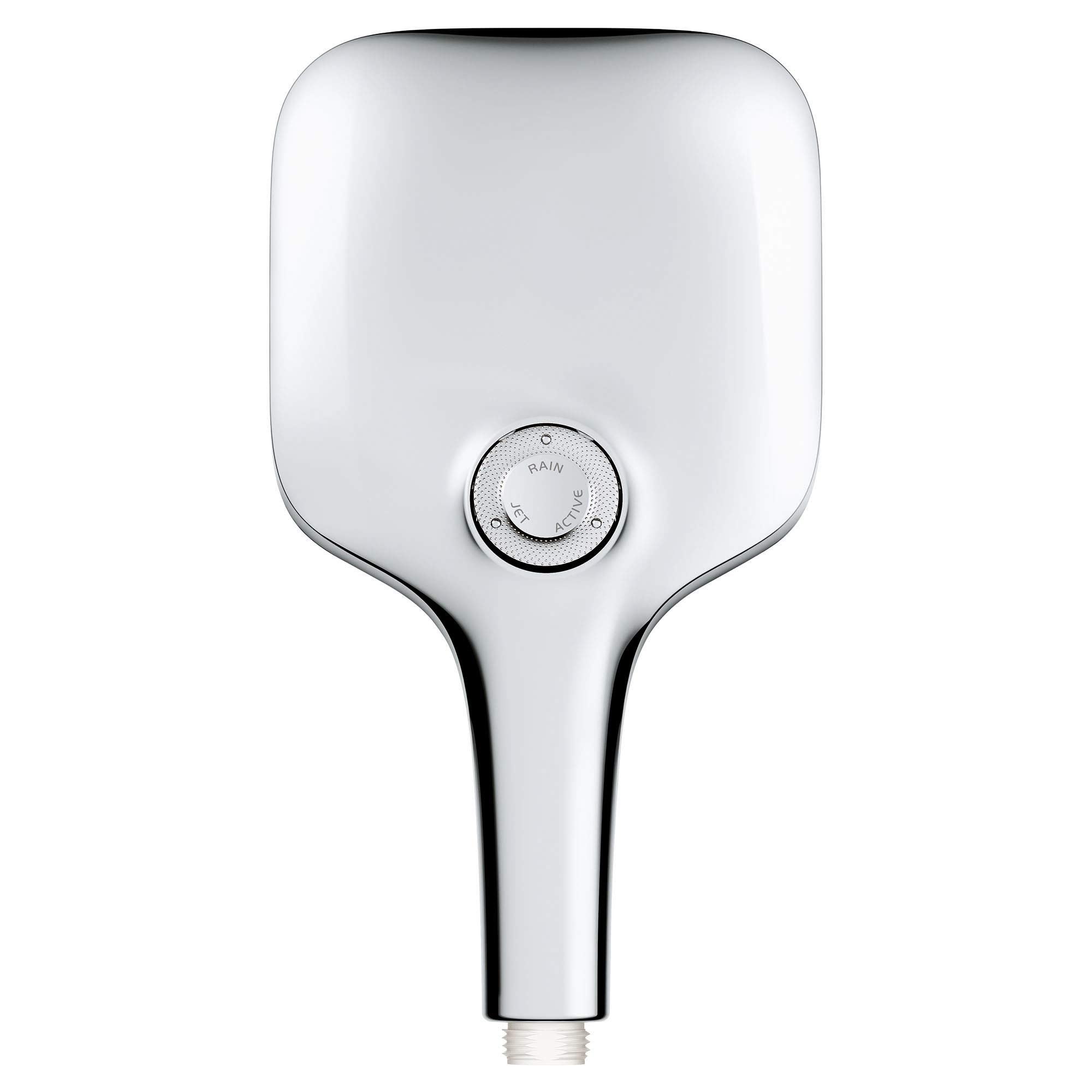 Chrome hand shower with square head, rotary spray selector dial, and tapered handle with connection port at base.