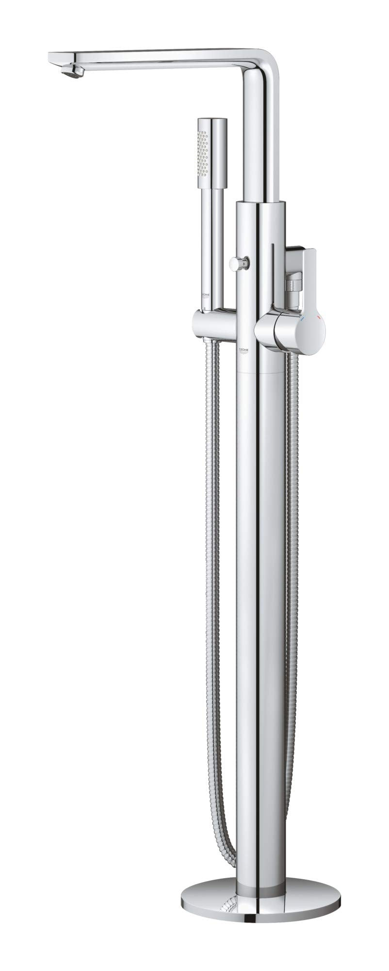 Brushed nickel freestanding tub faucet with single handle, curved spout, and detachable hand shower on hose.