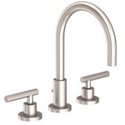 Satin nickel three-piece bathroom faucet with arched spout and linear lever handles on round bases.
