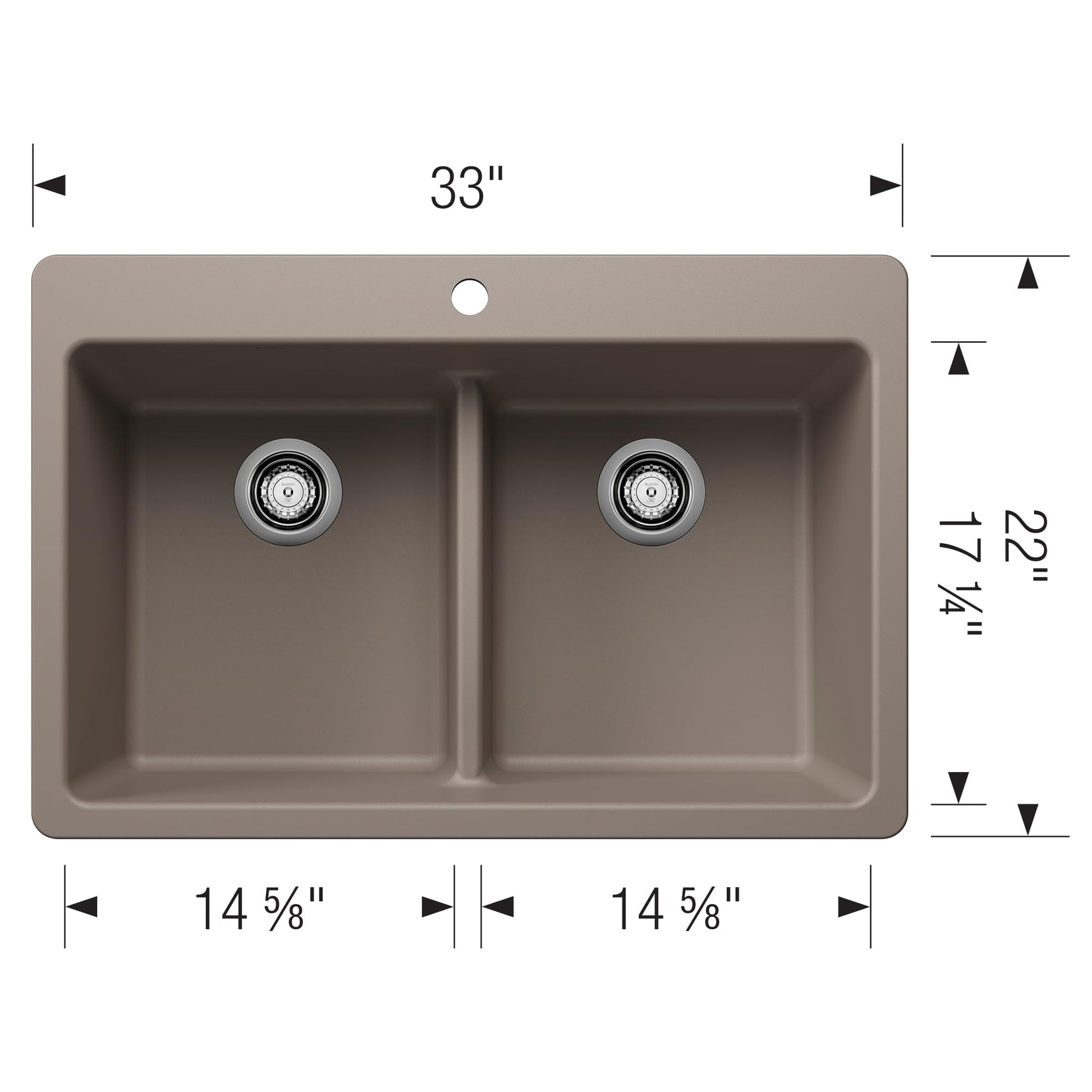 Truffle-colored double bowl drop-in sink with low divide, two drains, and faucet hole, 33" wide by 22" deep.