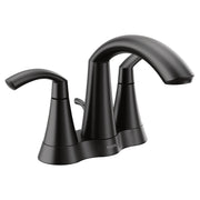 Matte black two-handle bathroom faucet with high arc spout and curved lever handles on shared base.