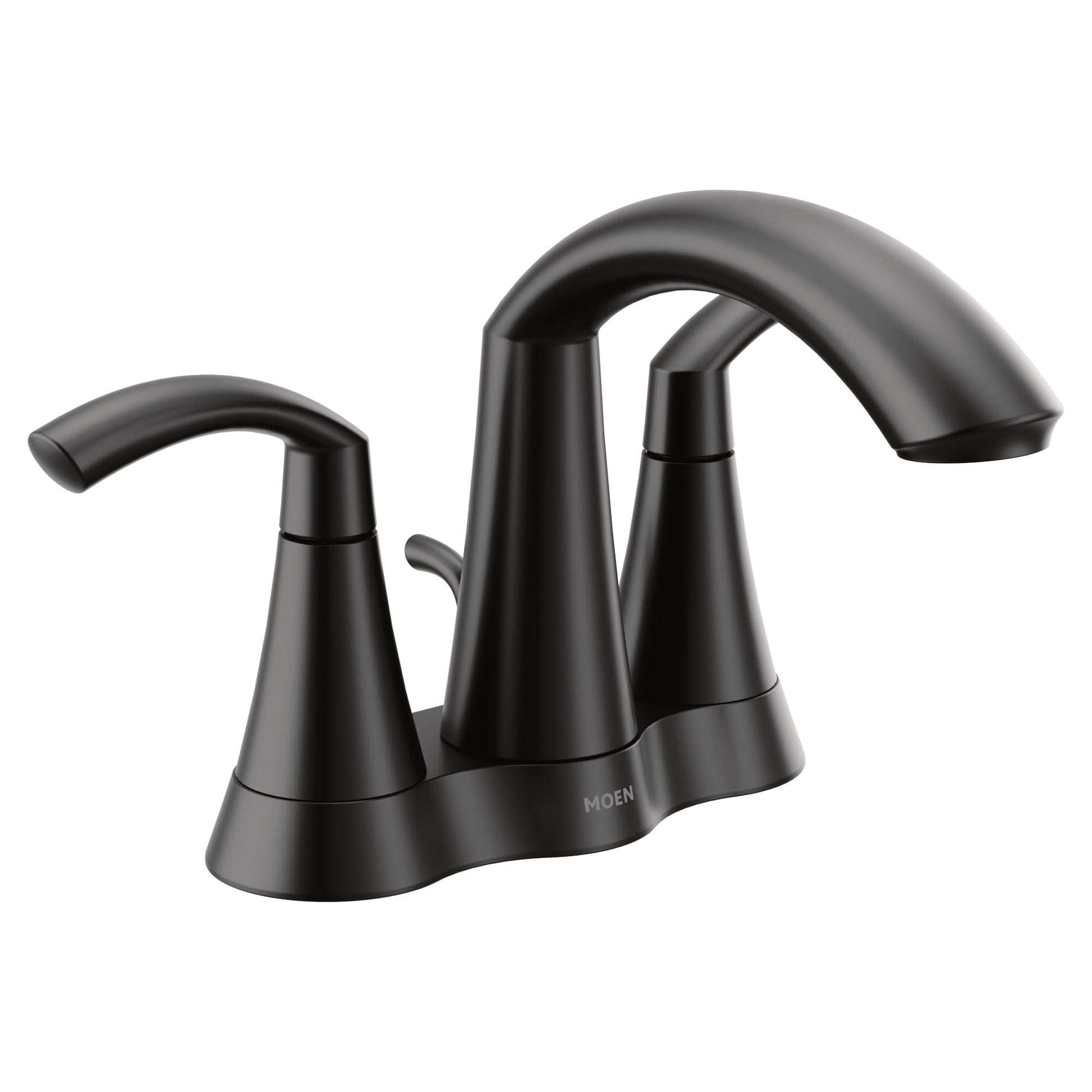 Matte black two-handle bathroom faucet with high arc spout and curved lever handles on shared base.