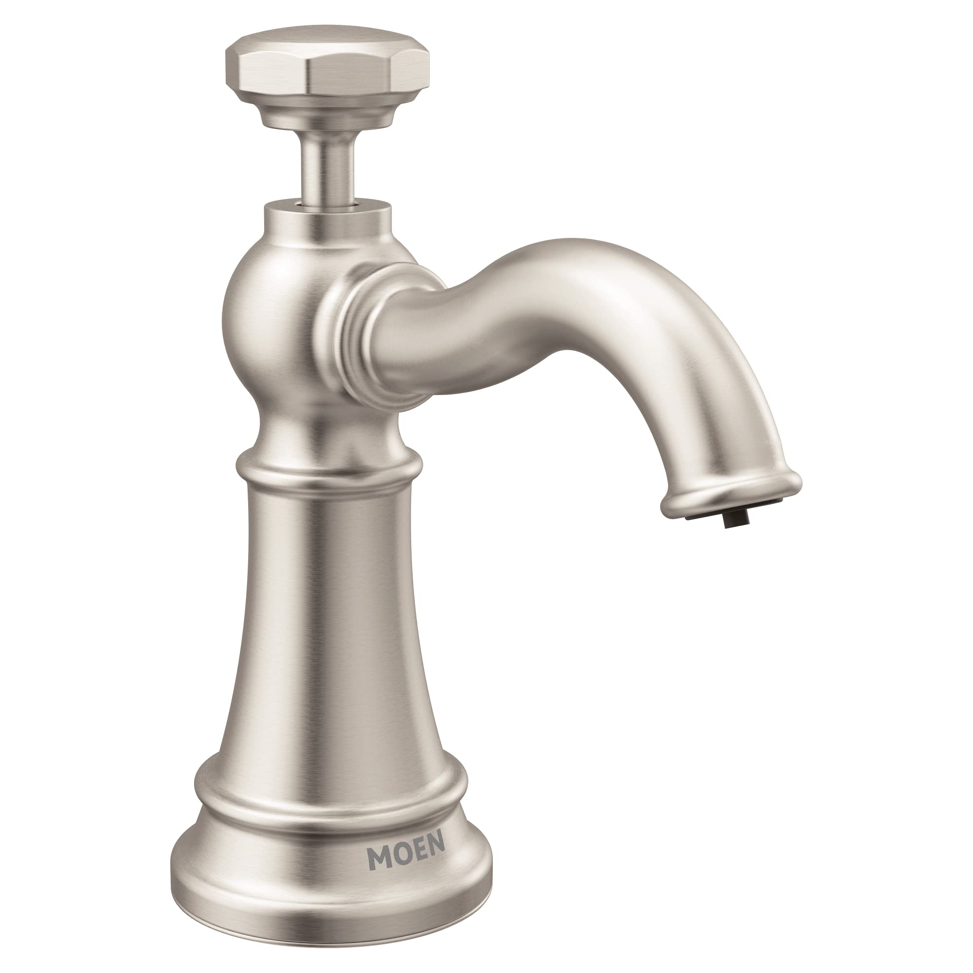 Spot Resist Stainless steel kitchen soap dispenser with octagonal pump head and curved spout mounted on round base.