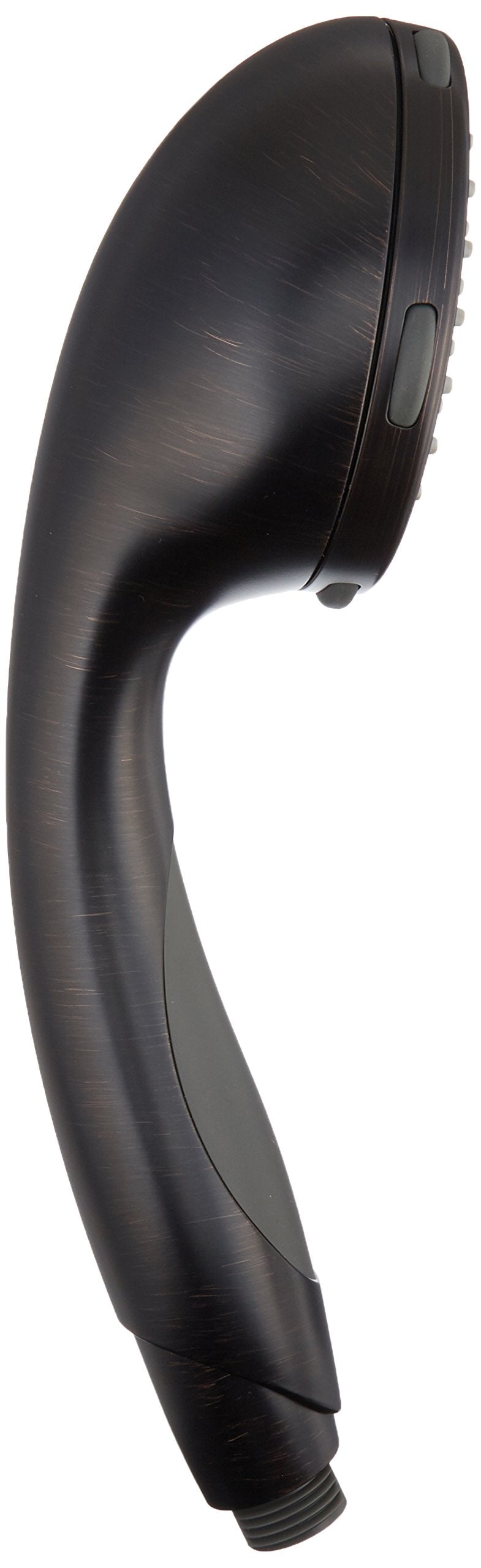 Venetian bronze hand shower with curved handle and control buttons on side.