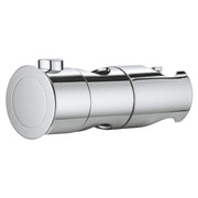 Chrome cylindrical glide element with mounting brackets and adjustment features for shower rail systems.