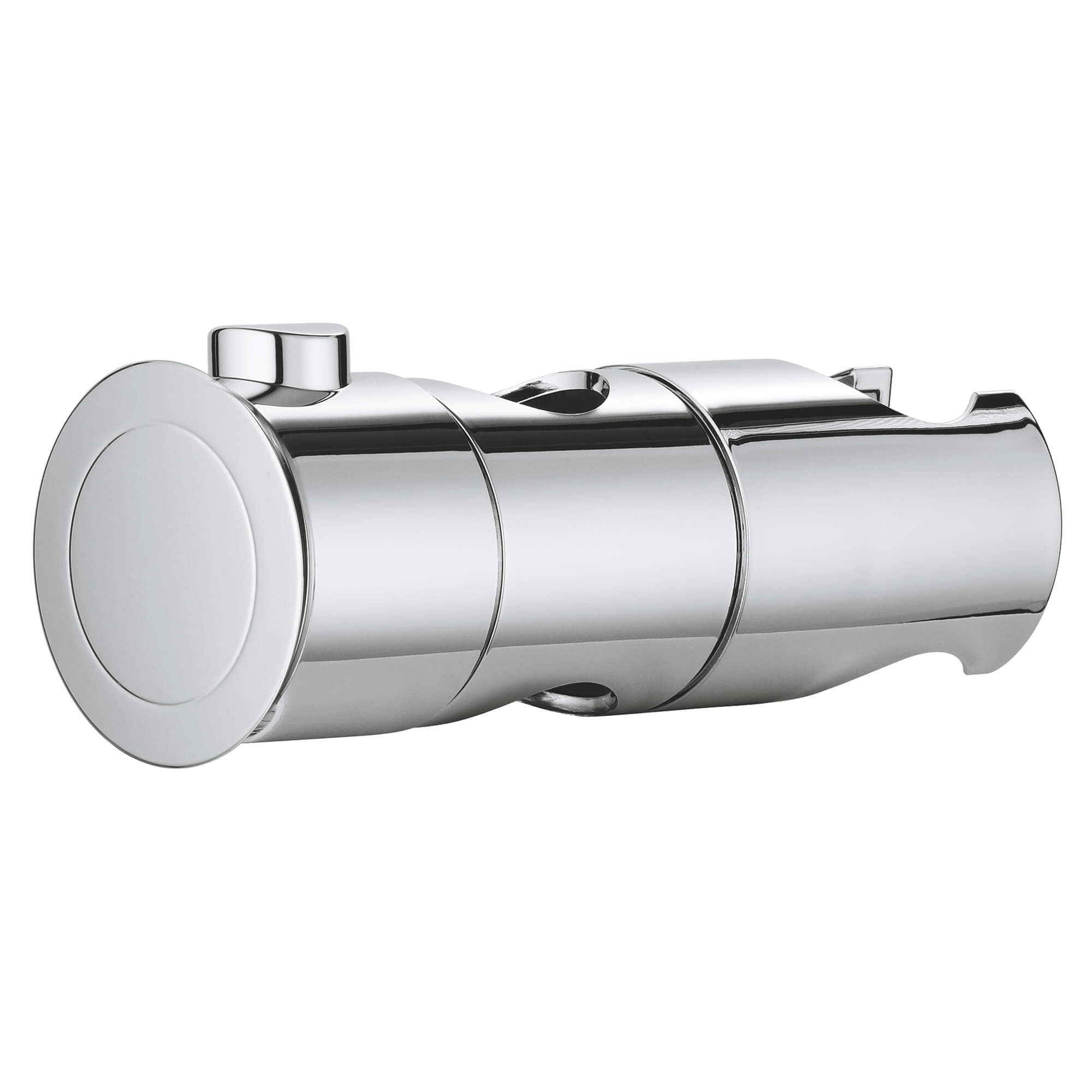 Chrome cylindrical glide element with mounting brackets and adjustment features for shower rail systems.
