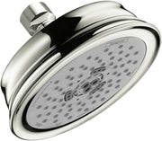 Polished nickel round shower head with multiple jet holes and adjustable arm connector.