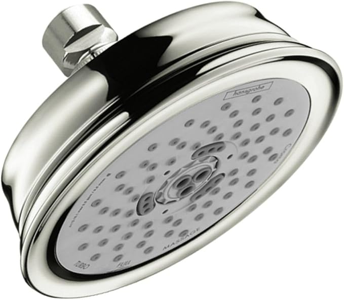 Polished nickel round shower head with multiple jet holes and adjustable arm connector.
