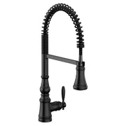Matte black pulldown kitchen faucet with coiled hose, single handle, and tapered base.