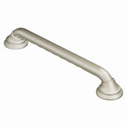 Brushed nickel curved grab bar with rounded handles at both ends for wall mounting.