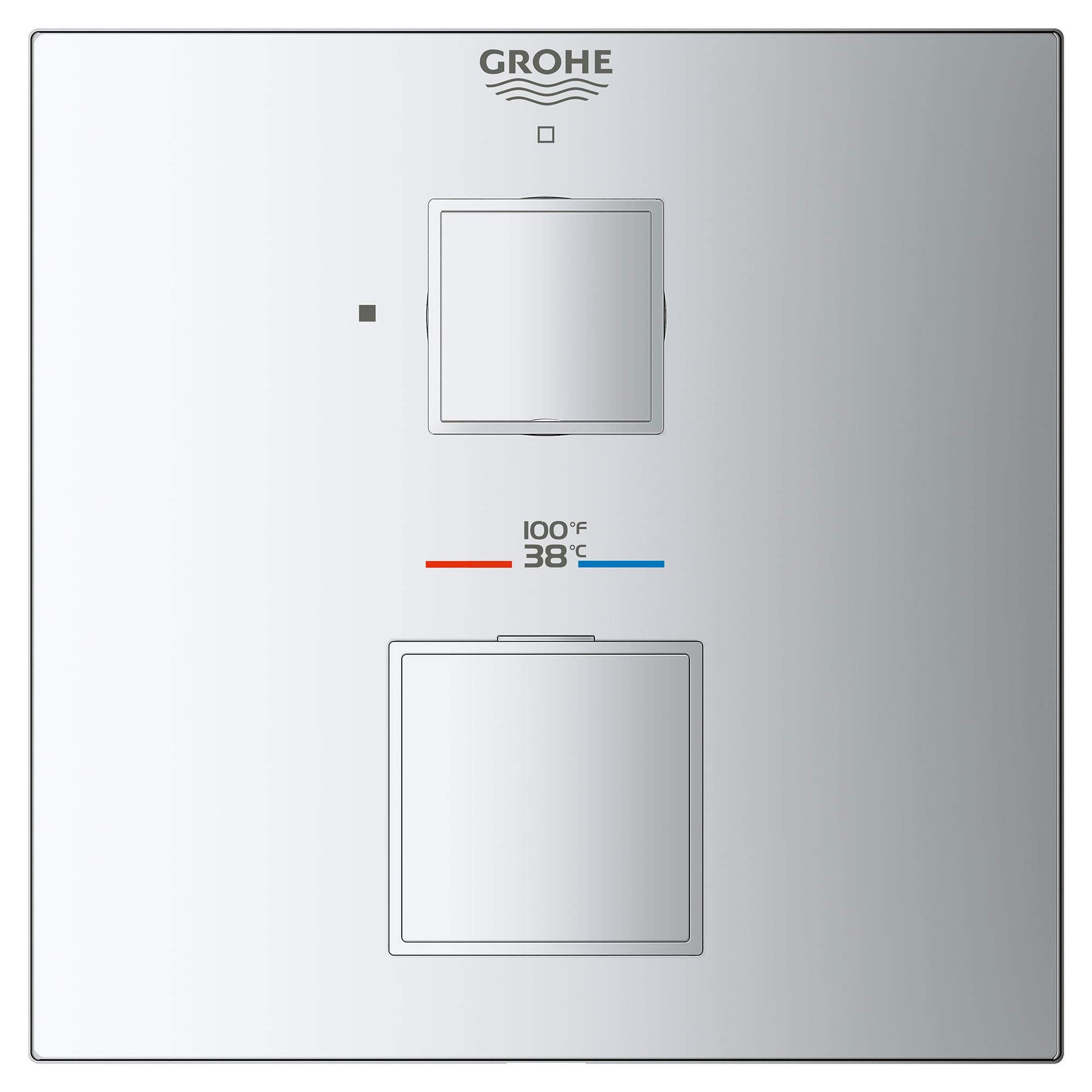 Grohe chrome thermostatic valve trim with two square handles and temperature display showing 100°F and 38°C.