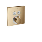 Brushed bronze square shower trim with two function buttons and a thermostatic control dial marked 100.