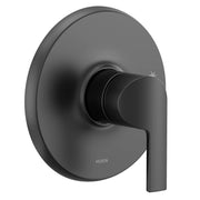 Matte black shower trim kit with circular escutcheon plate and single lever handle.