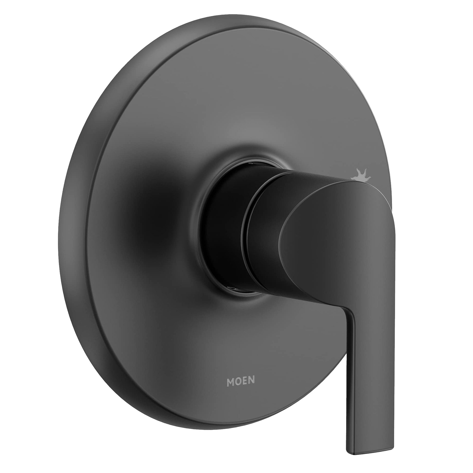 Matte black shower trim kit with circular escutcheon plate and single lever handle.