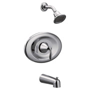 Chrome tub and shower trim kit with round escutcheon, lever handle, showerhead, and tub spout.