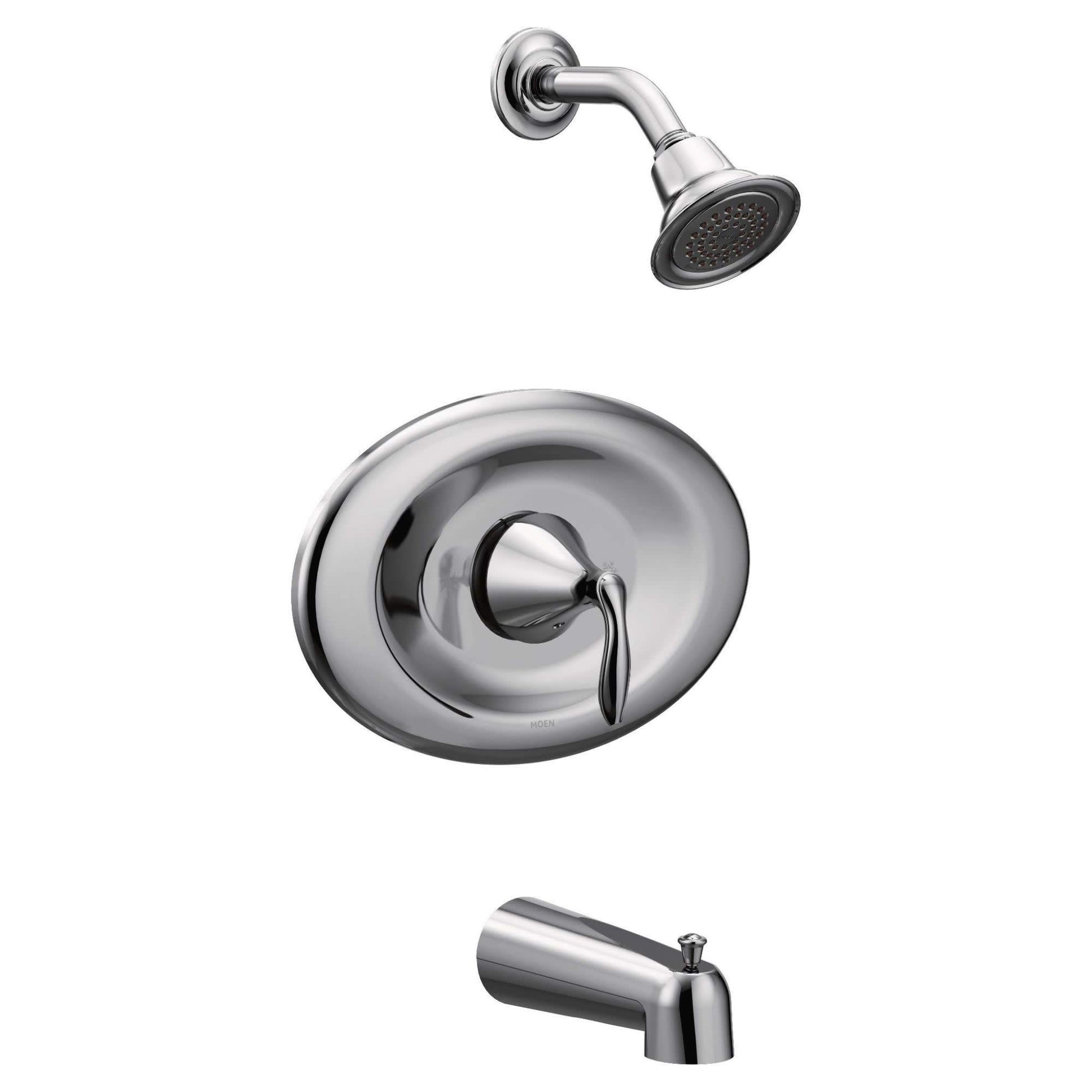 Chrome tub and shower trim kit with round escutcheon, lever handle, showerhead, and tub spout.