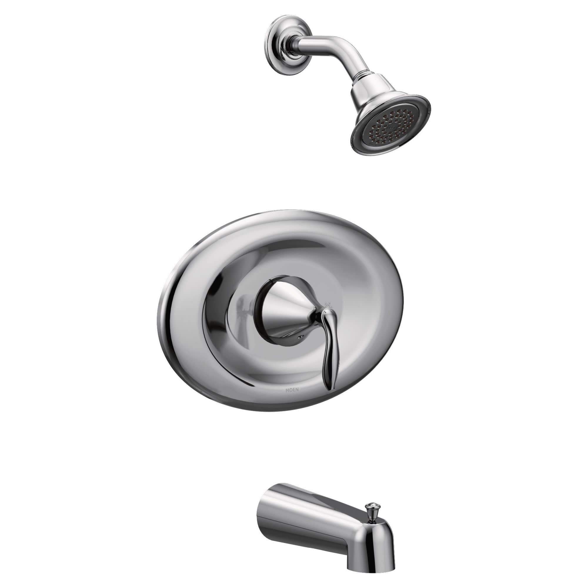 Chrome tub and shower trim kit with round escutcheon, lever handle, showerhead, and tub spout.
