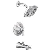Chrome tub and shower trim kit with showerhead, valve, and tub spout.