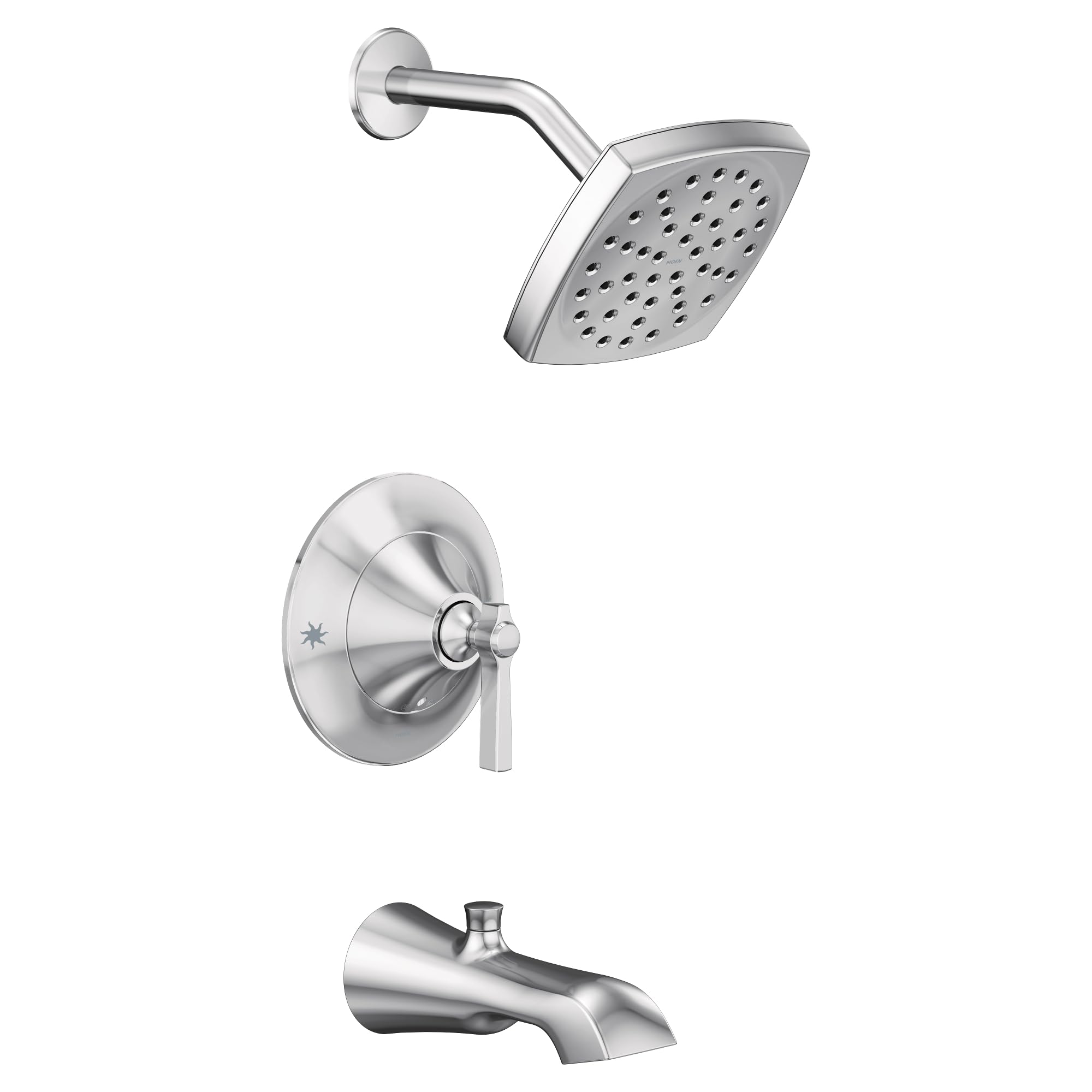 Chrome tub and shower trim kit with showerhead, valve, and tub spout.