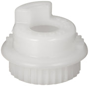 White plastic rotational limit stop with central hole and ribbed base for faucet assembly.